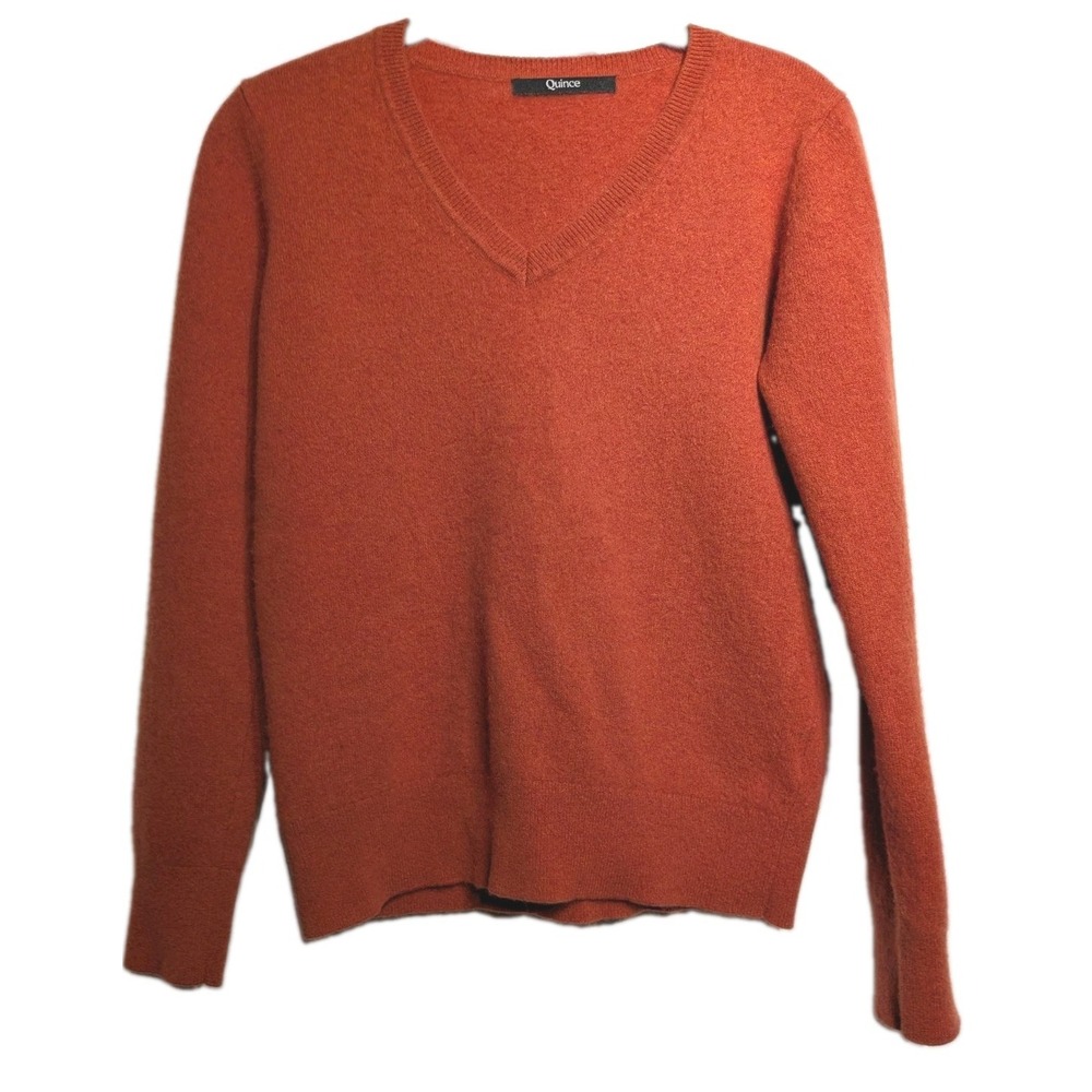 Quince Sweater Women S Rust Orange 100% Cashmere Vneck Lightweight Pullover Knit